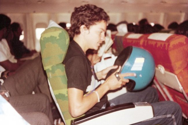 Gary Gregg on plane to T&T 100km 1982